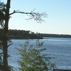 Calm lake against clear sky