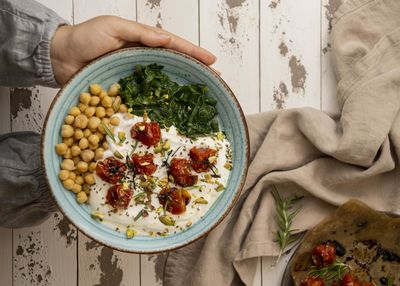 High angle view of food in bowl on table