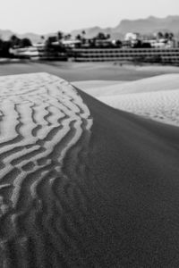 Close-up of sand dunes at beach against sky