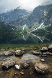Scenic view of lake and mountains against sky