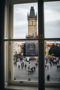 Reflection of building on glass window