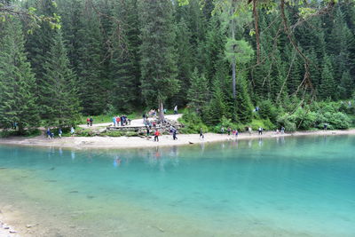 Group of people on lake in forest