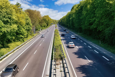Cars on road amidst trees against sky