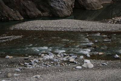 Stream flowing through rocks in winter