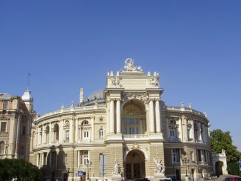 Low angle view of historical building against clear blue sky