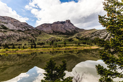 Scenic view of lake and mountains against sky