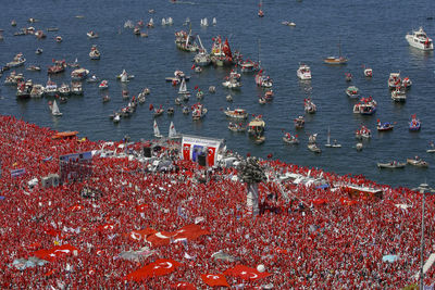 High angle view of people on boats
