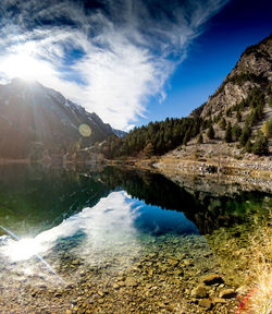 Scenic view of lake by mountains against sky