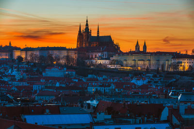 High angle view of city at sunset