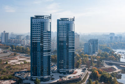 Air view of the houses on the banks of the dnieper river. residential complex