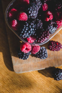 High angle view of strawberries on table