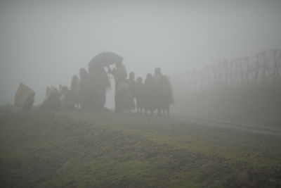 People photographing on field in foggy weather