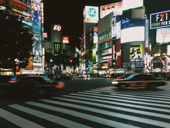 View of city lit up at night