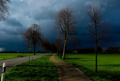 Road by trees on field against sky