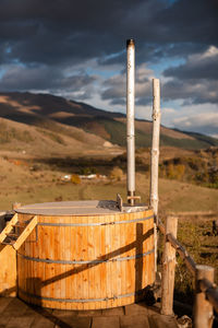 Wooden font on a picturesque background in the mountains