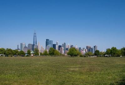 View of modern buildings against clear sky