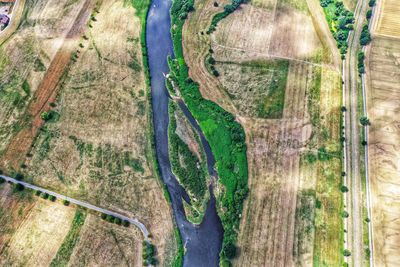 High angle view of agricultural field with river  near wurzen in saxony