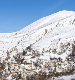 Scenic view of snowcapped mountains against clear sky