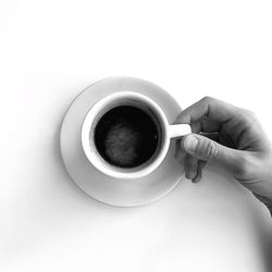 Directly above shot of coffee cup against white background