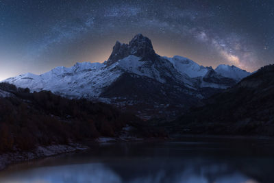 Scenic view of snowcapped mountains against sky at night