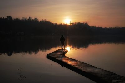 Silhouette person on ducks by lake against sky during sunset