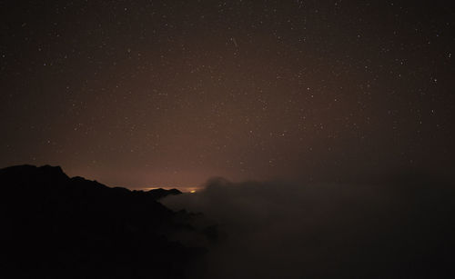 Scenic view of silhouette mountain against sky at night