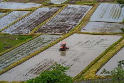 High angle view of river amidst agricultural landscape