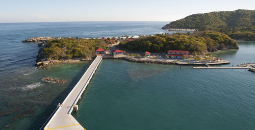 High angle view of town on sea