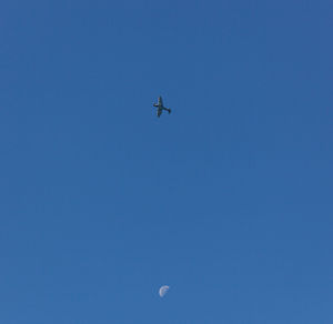 Low angle view of airplane in clear blue sky