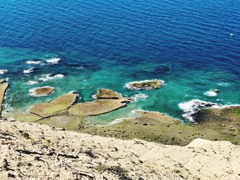 High angle view of rocks on beach