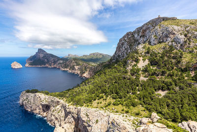 Scenic view of sea by mountains against sky