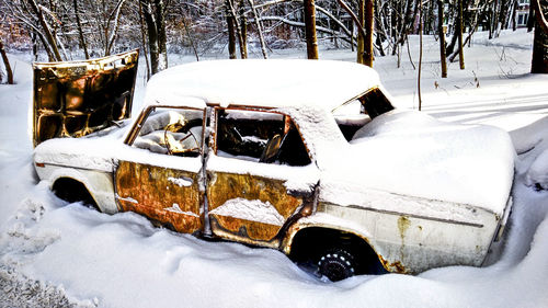 Close-up of snow covered car