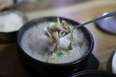 Close-up of soup in bowl on table