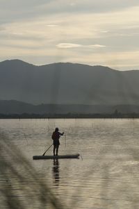 Silhouette woman paddleboarding in sea