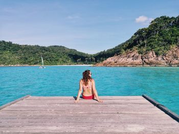 Rear view of woman sitting by sea against sky