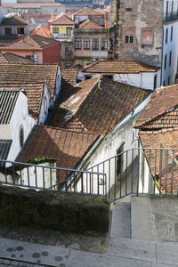 High angle view of old houses in town