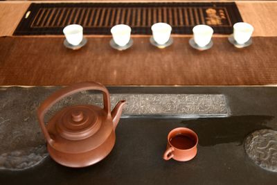 High angle view of tea in cup on table