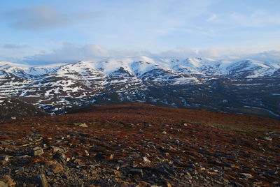 Scenic view of snowcapped mountains against sky