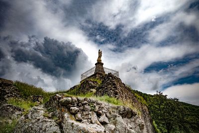 Low angle view of cross on building against sky