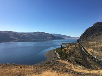 Scenic view of lake against blue sky