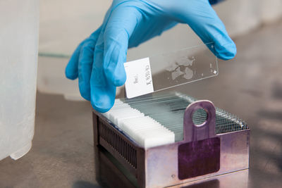 Midsection of scientist working on table