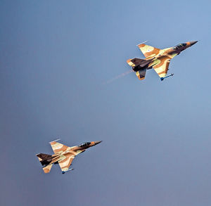 Low angle view of fighter planes flying against blue sky