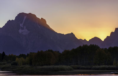 Scenic view of silhouette mountains against sky during sunset