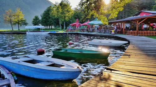 Boats moored in lake against trees