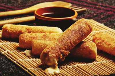 Close-up of meat on bamboo plate