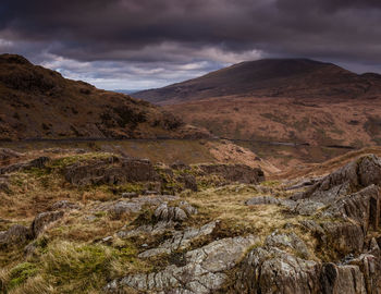 Scenic view of landscape and mountains against sky