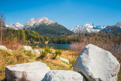 Scenic view of lake by mountains against sky