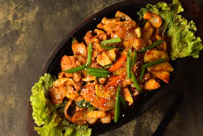 High angle view of food in cooking pan