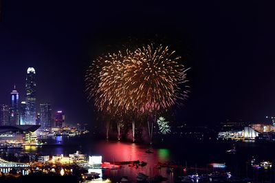 Firework display over illuminated buildings in city at night