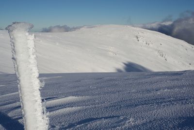 Scenic view of snow covered mountains against sky